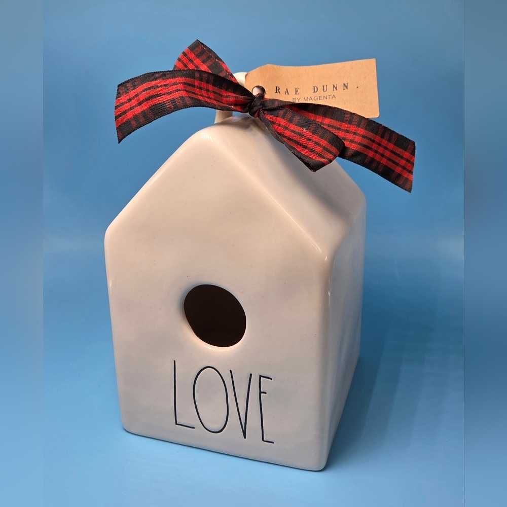 Rae Dunn White Ceramic Decorative Birdhouse with Red Plaid Bow